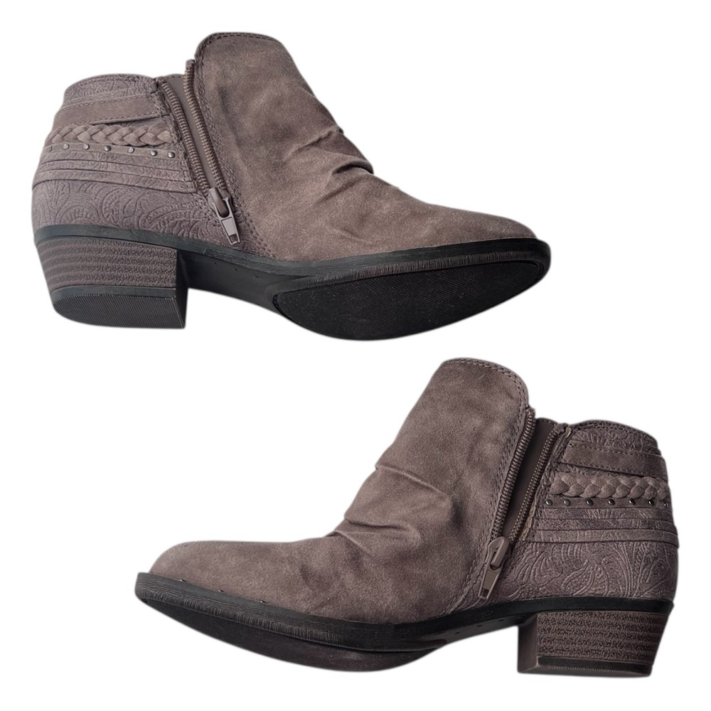 Maurices Taupe Faux Suede Ankle Boots Size 6.5 Braided Studded Side Zip Low Heel
